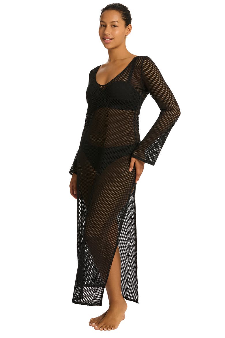 Surf Long Sleeve Mesh Cover-Up Dress, Alternate, color, BLACK
