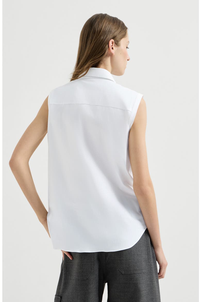 Stretch cotton poplin sleeveless shirt with shiny trim, Alternate, color, White