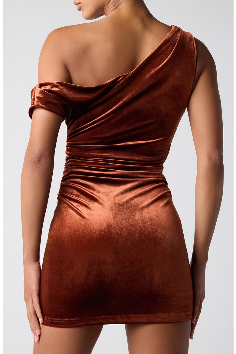 Anya Ruched One-Shoulder Velvet Minidress, Alternate, color, COPPER