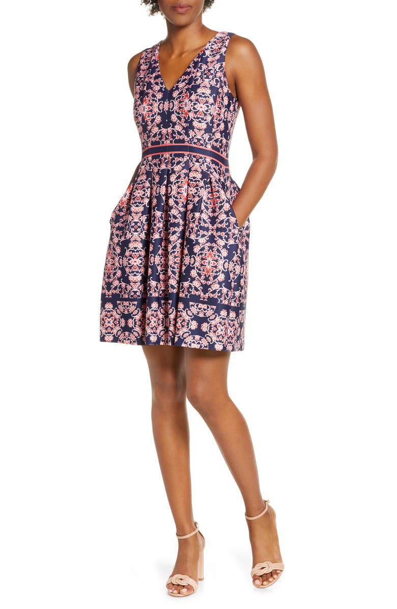 Vince Camuto Geo Print Sleeveless Fit & Flare Dress, Main, color, 