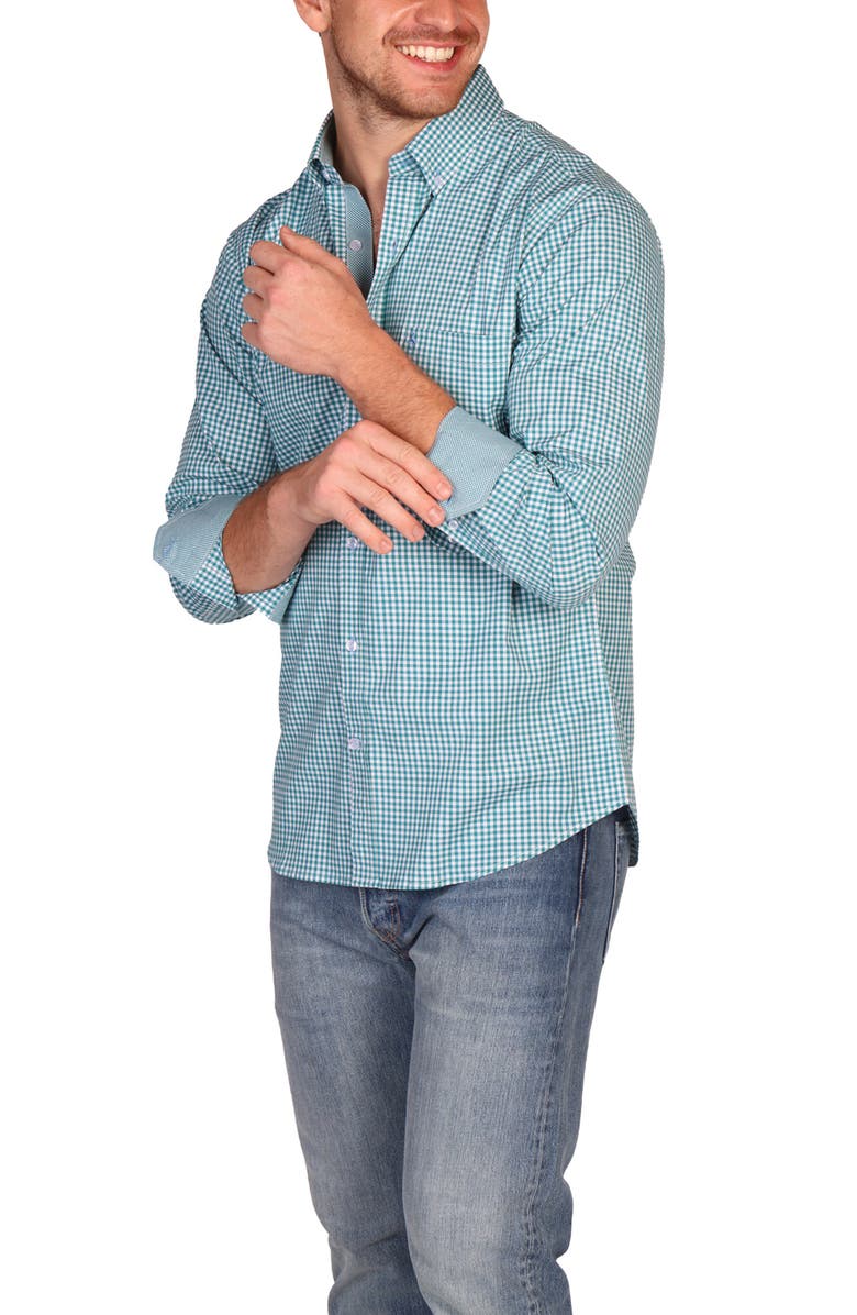 TailorByrd Signature Gingham Print Performance Button Down Shirt, Alternate, color, Teal