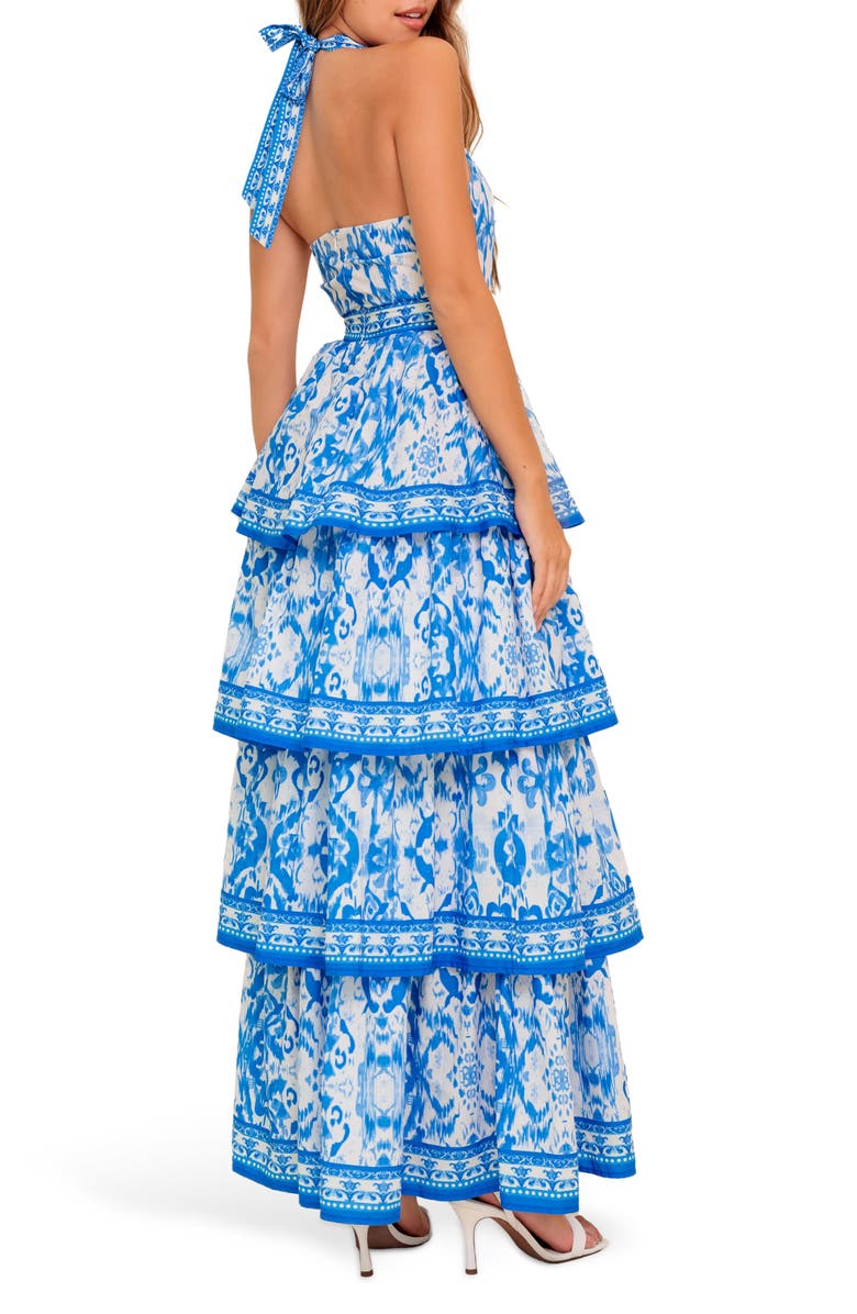 FLYING TOMATO Ikat Tiered Halter Maxi Dress, Alternate, color, Ivory Blue