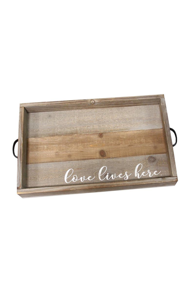 STRATTON HOME DECOR Natural Wood/White "Love Lives Here" Wood Tray, Main, color, 