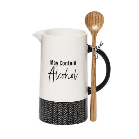 May Contain Alcohol Pitcher w/ Spoon Set of 2 Ceramic White