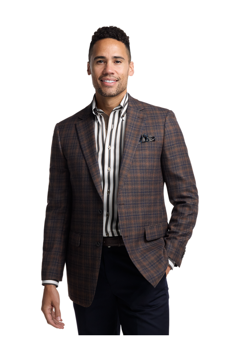 Wool Blend Plaid Single Breasted Notch Lapel Sport Coat, Alternate, color, Brown/Navy
