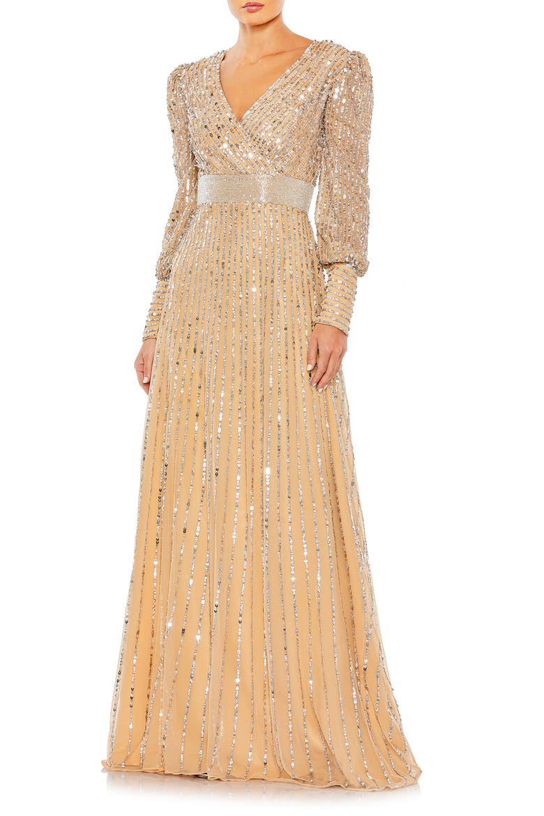 Sequined Wrap Over Bishop Sleeve Gown, Main, color, VANILLA SILVER
