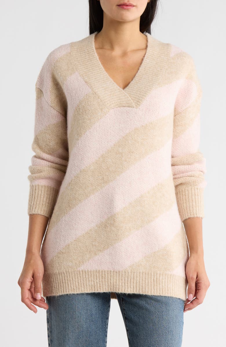 FRNCH Manon Stripe V-Neck Sweater, Main, color, Creme