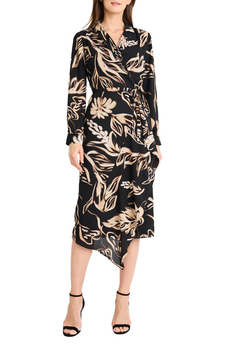 Maggy London Asymmetric Hem Long Sleeve Georgette Midi Wrap Dress, Main, color, 