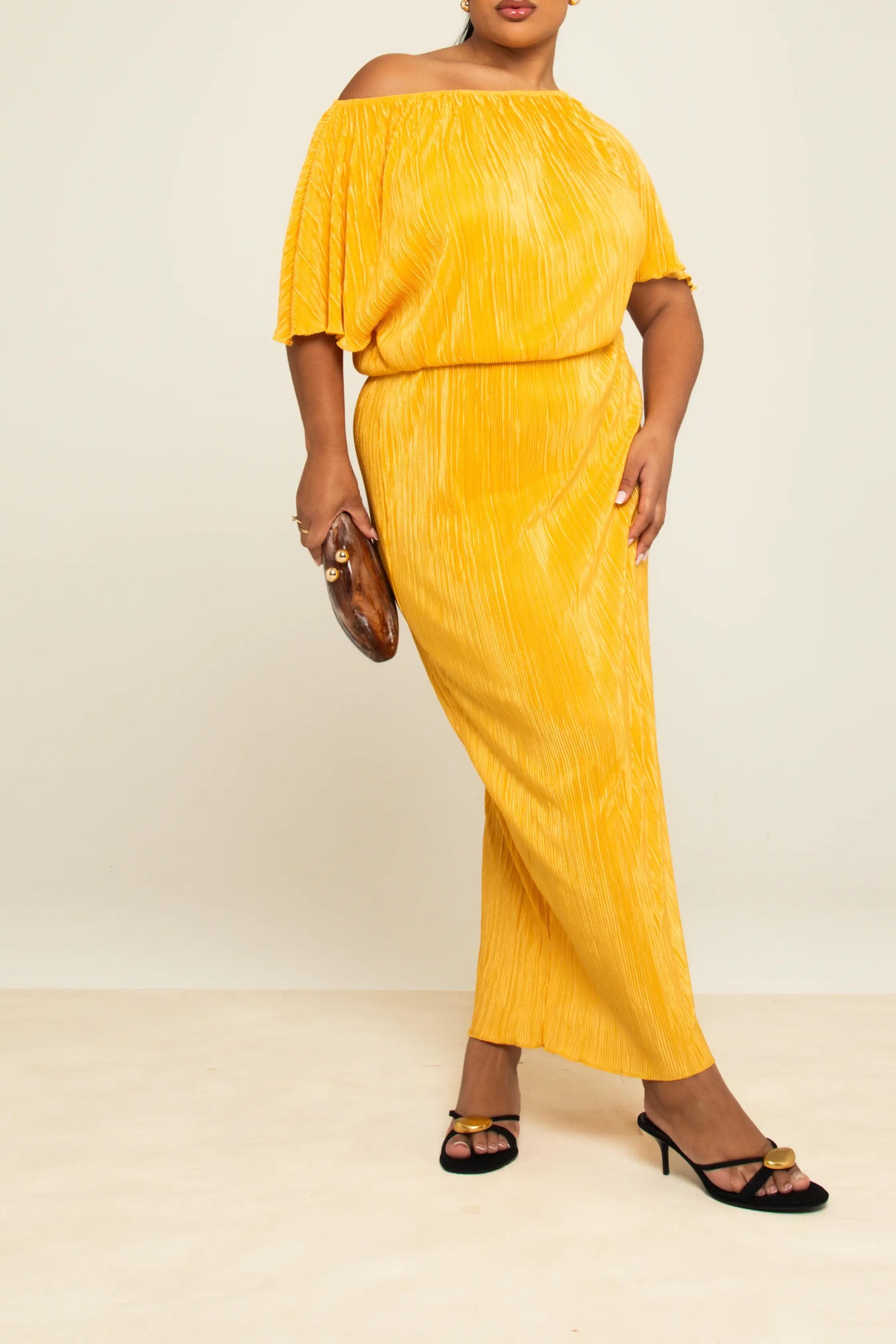 off the shoulder plisse dress Kinsley Plisse Off Shoulder Dress M / Yellow