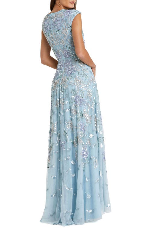 Mac Duggal Sequined High Neck Cap Sleeve A Line Gown In Ice Blue Multi