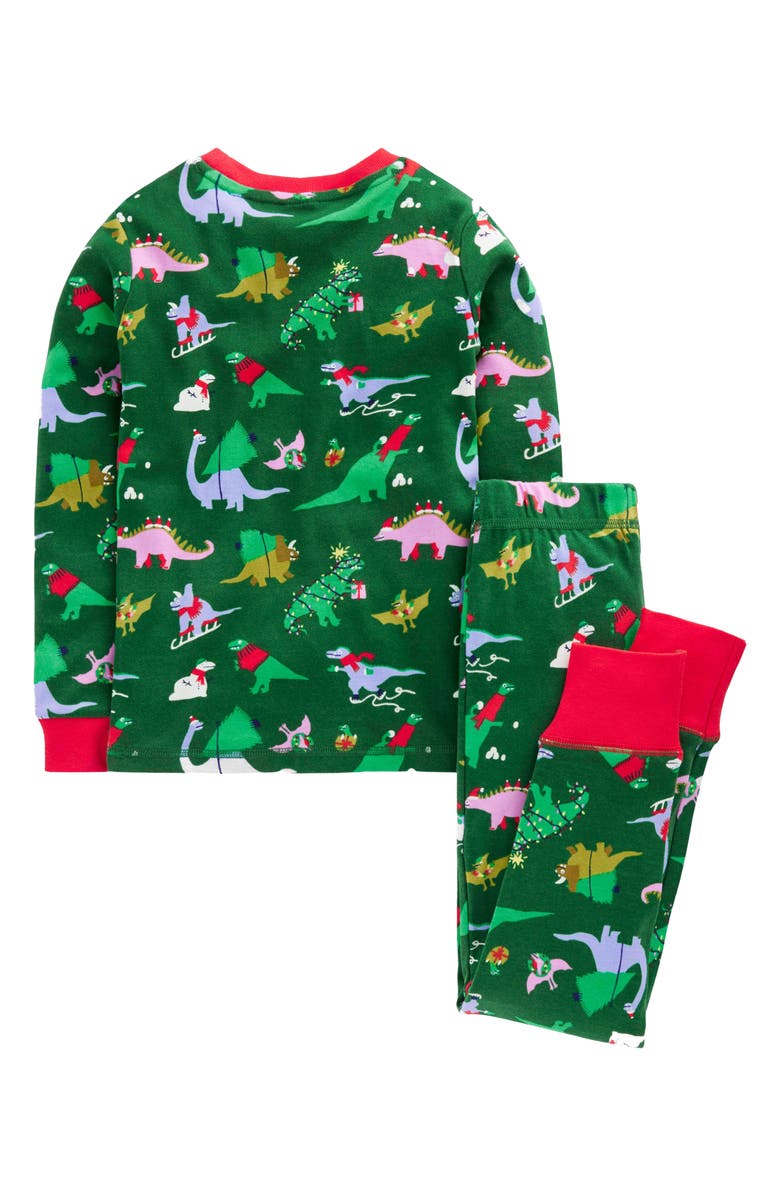 Mini Boden Kids' Festive Dino Print Fitted Two-Piece Cotton Pajamas, Alternate, color, Eden Christmas Dinos