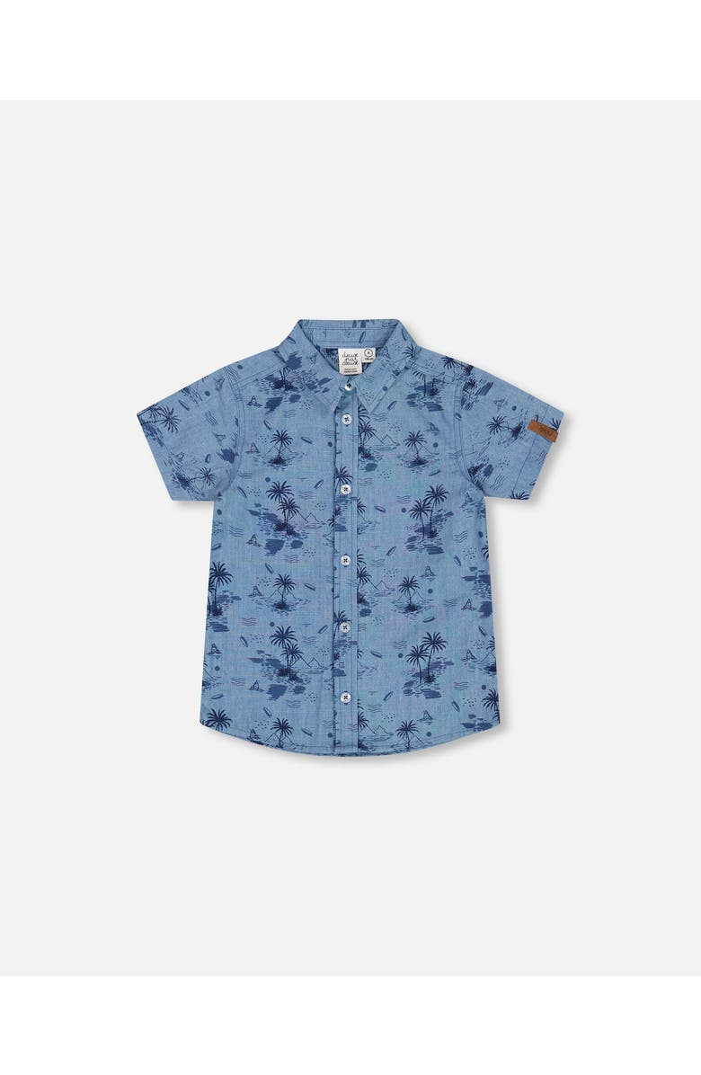 Deux par Deux Boy's Printed Chambray Short Sleeve Shirt Pale Blue And Navy, Main, color, Pale Blue And Navy