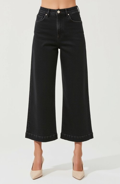 Modenaire High Waist Wide-leg Cropped Jeans With Clean Hem In Black