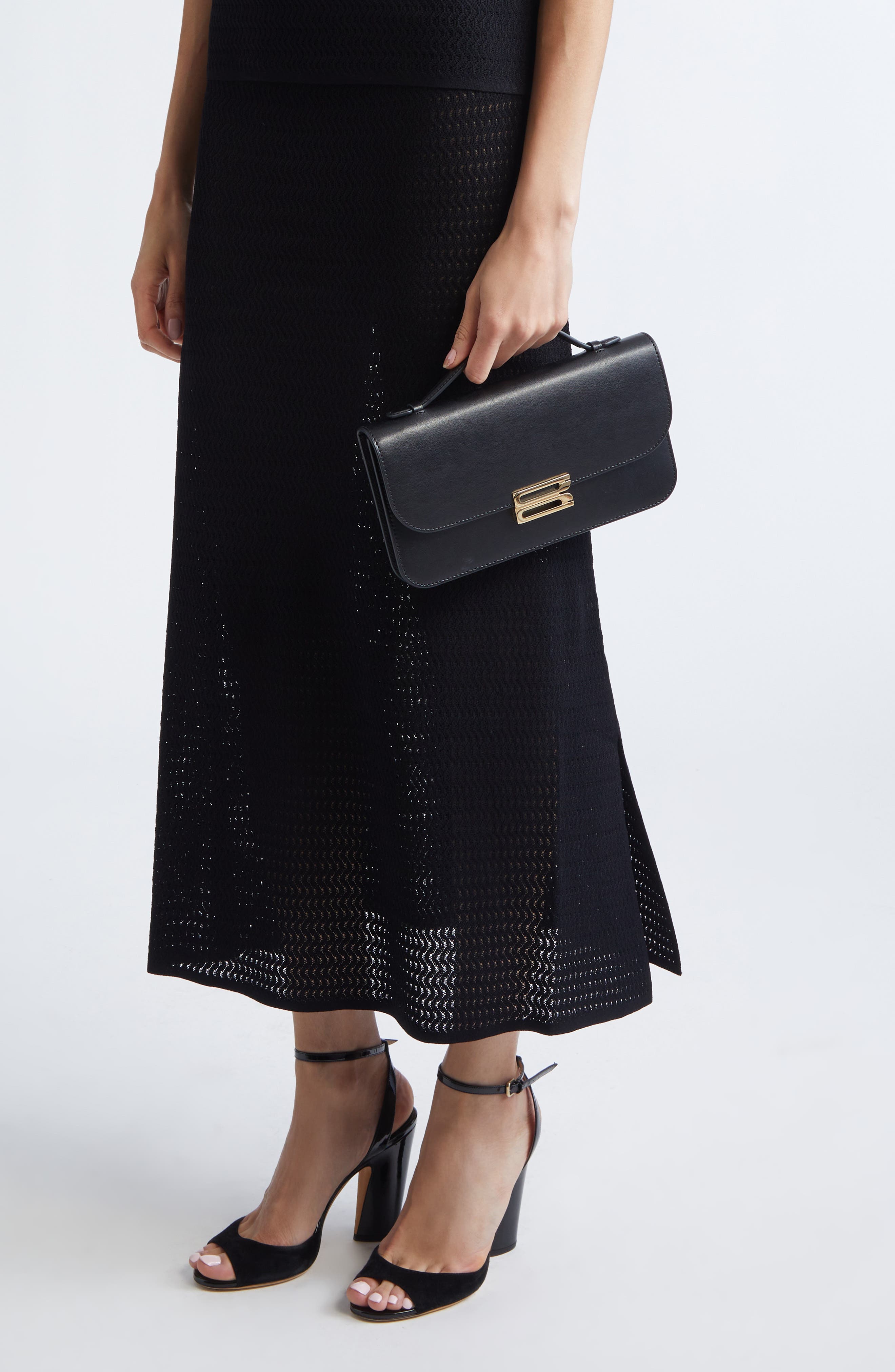 Victoria Beckham Midi Dorian Leather Top Handle Pouchette Bag, Alternate, color, Black