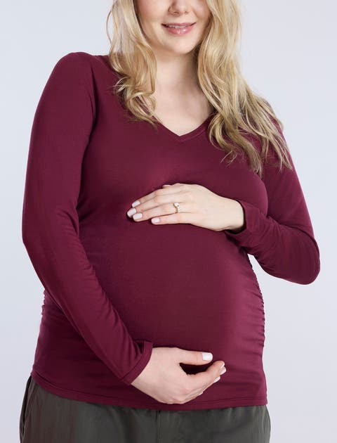 V-Neck Side-Ruched Maternity Long Sleeve Tee