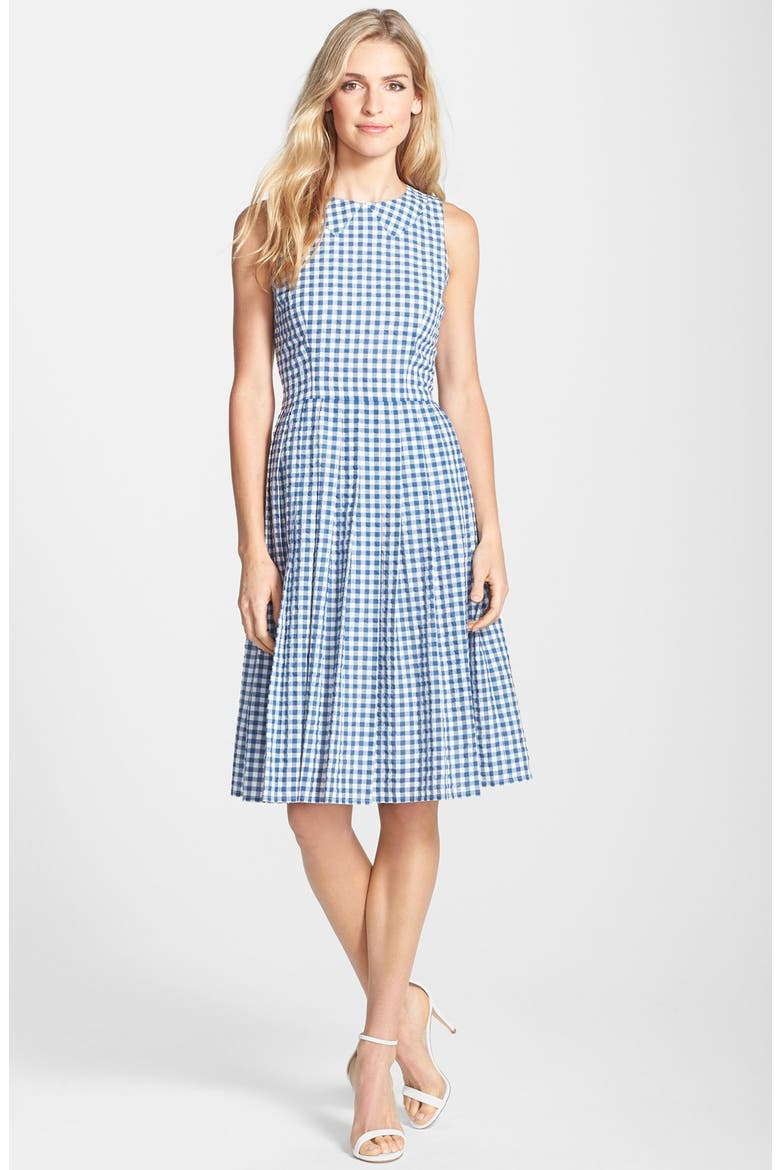 Gingham Cotton Fit & Flare Midi Dress, Main, color, NAVY/ WHITE
