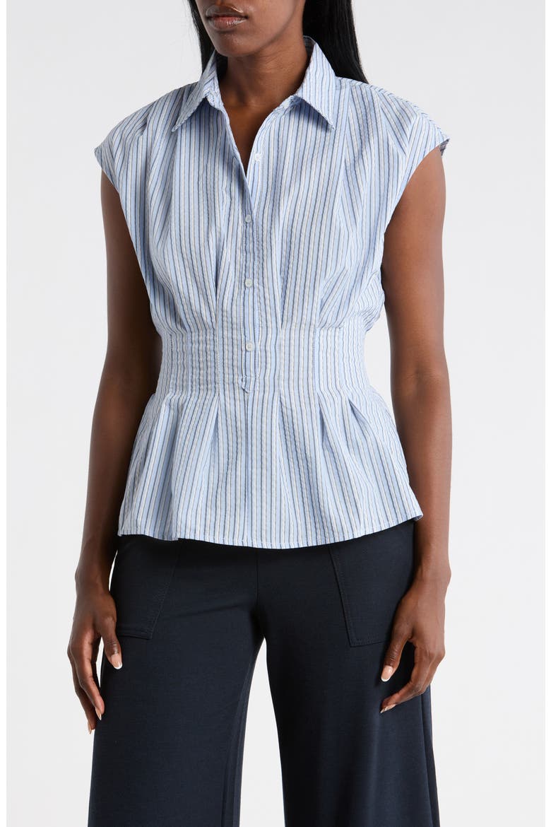 Pinstripe Pleated Sleeveless Shirt, Main, color, BLUE/ NAVY SHADOW STRIPE