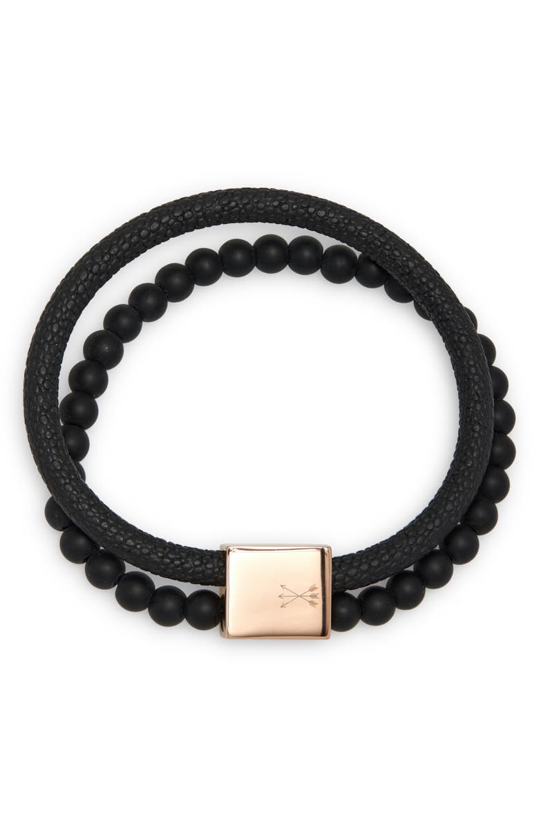 NORDSTROM RACK Men's Faux Leather & Bead Bracelet, Alternate, color, Black- Stainless