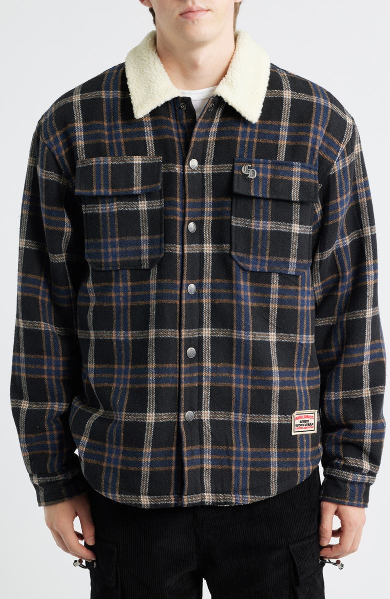 CRIMINAL DAMAGE Richmond Check Faux Shearling Shirt Jacket, Alternate, color, Blue/Black