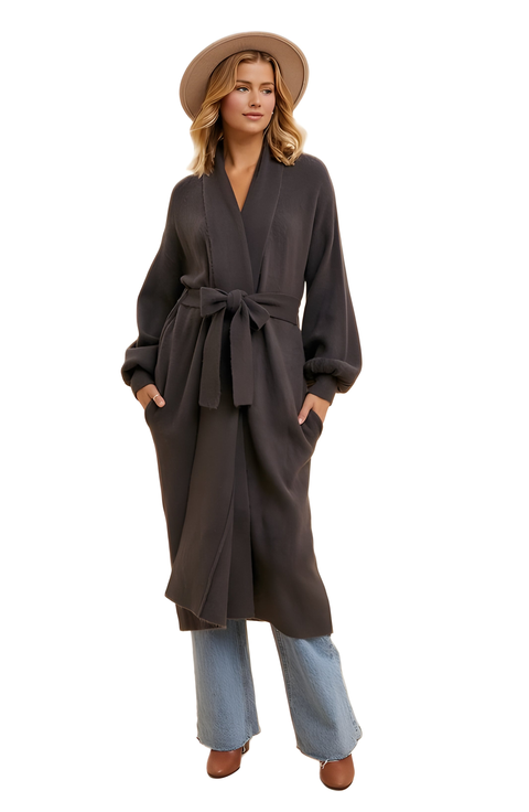 Longline Coat with Wide Sleeves and Tie-Waist Closure