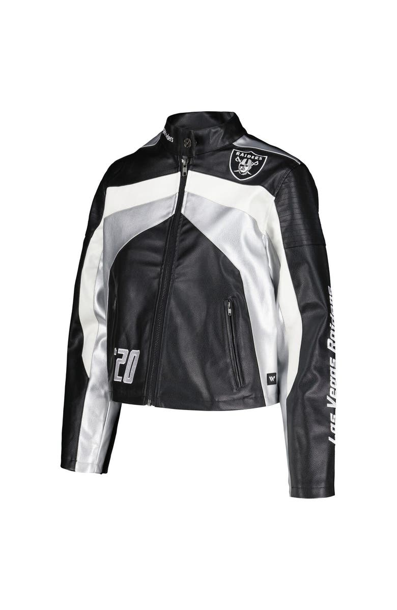THE WILD COLLECTIVE Women's The Wild Collective  Black Las Vegas Raiders Faux Leather Full-Zip Racing Jacket, Alternate, color, Black