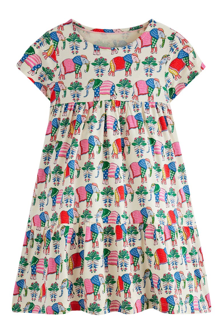 Kids' Twirly Cotton Jersey T-Shirt Dress, Main, color, MULTI ELEPHANT WOODBLOCK