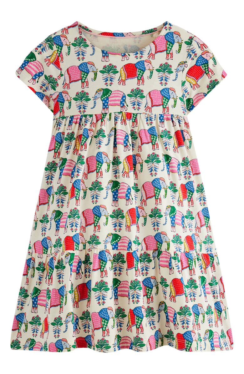 Mini Boden Kids' Twirly Cotton Jersey T-Shirt Dress, Main, color, Multi Elephant Woodblock