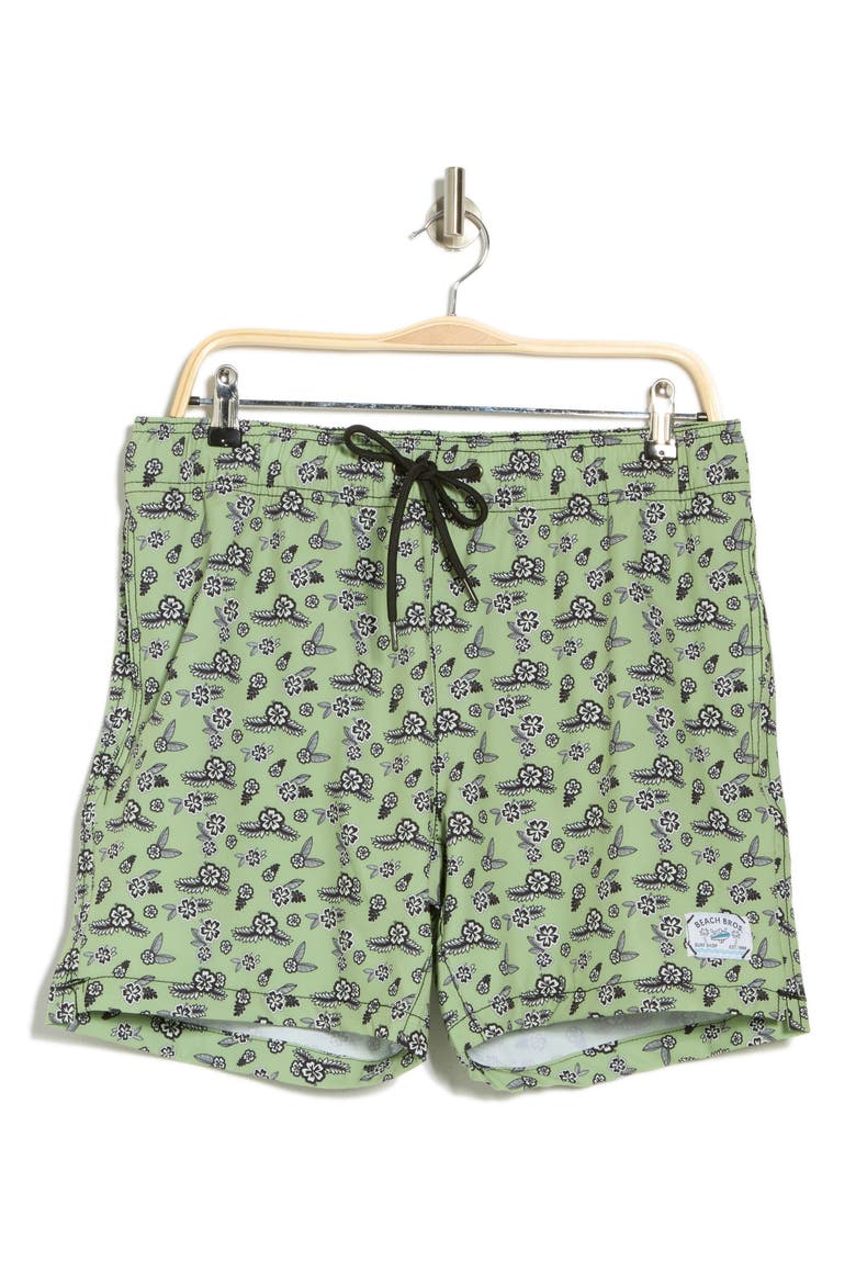 Floral Leaf Print Swim Trunks, Alternate, color, SAGE GREEN