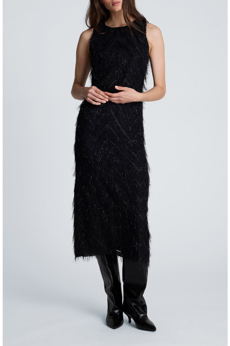 Fringe Racerback Midi Sheath Dress, Main, color, BLACK