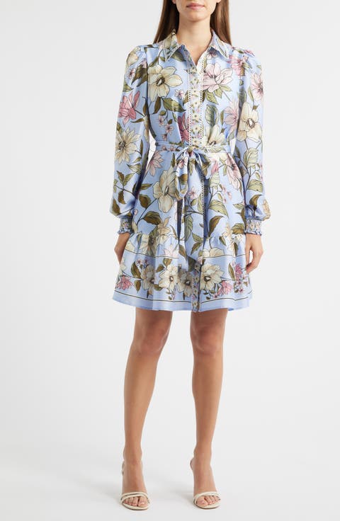 Anne Klein Floral Print Long Sleeve Satin Shirtdress (Petite)