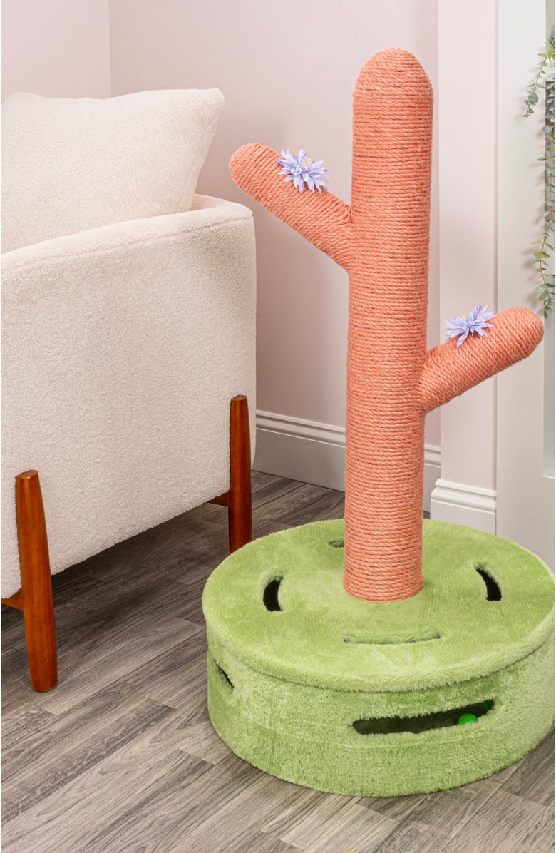 The Licker Store Rosa 36" Modern Jute Cactus Cat Scratching Post with Flower Toys and Built-In Bell Toys, Alternate, color, Pink