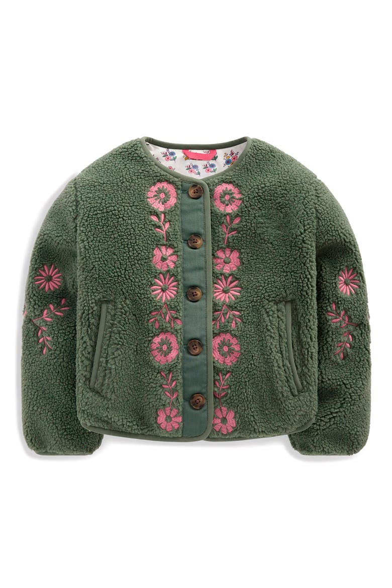 Kids' Pretty Faux Shearling Jacket, Main, color, DARK GREEN EMBROIDERY