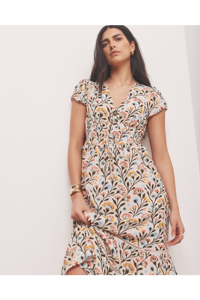 Floral Print V-Neck Midi Dress, Alternate, color, Orange