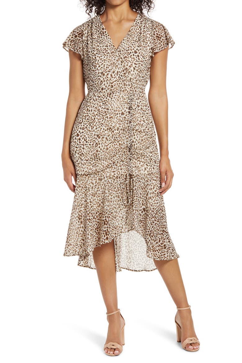 Printed Ruched Midi Dress, Main, color, ANIMAL