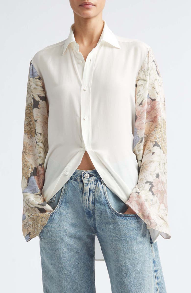 Maison Margiela Floral Sleeve Silk Button-Up Shirt, Main, color, Ivory