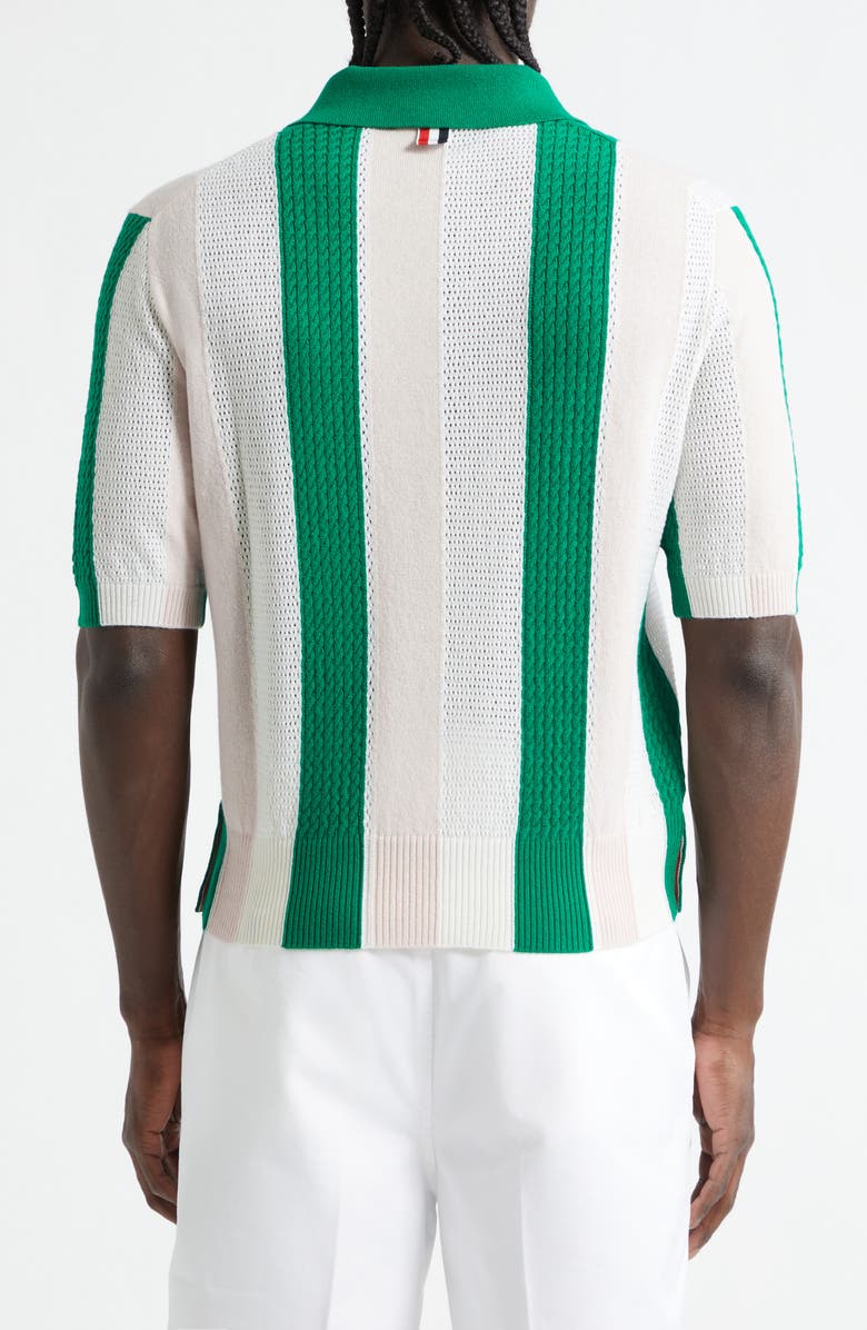 Thom Browne Shadow Stripe Mixed Stitch Short Sleeve Cashmere Polo Sweater, Alternate, color, Light Pink
