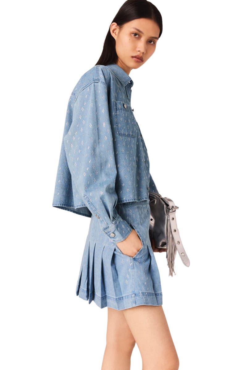 maje Short rhinestone denim shirt, Alternate, color, Denim Blue