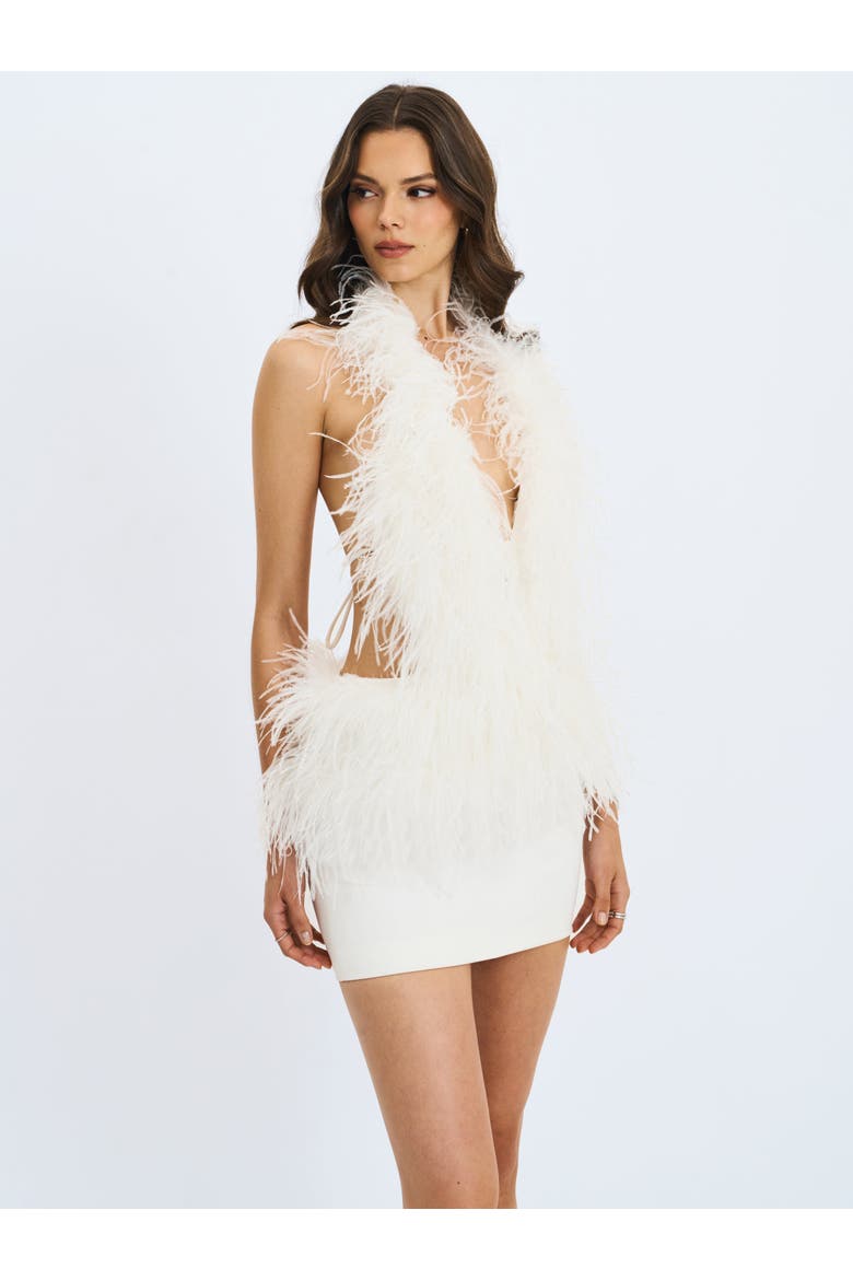 Quisten Feathered Plunging Halter Mini Dress, Alternate, color, White