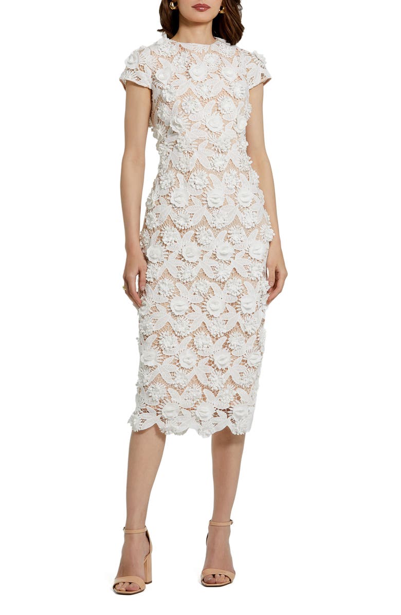 Mac Duggal Lace 3D Flower Fitted Short Sleeve Midi Dress, Main, color, Ivory Nude