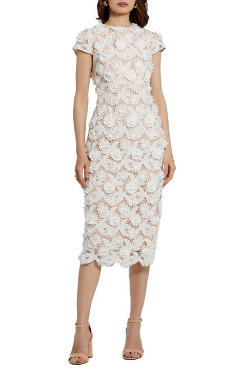 Lace 3D Flower Fitted Short Sleeve Midi Dress