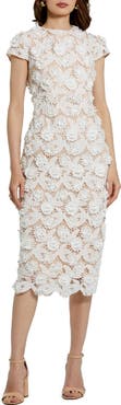 Mac Duggal Lace 3D Flower Fitted Short Sleeve Midi Dress