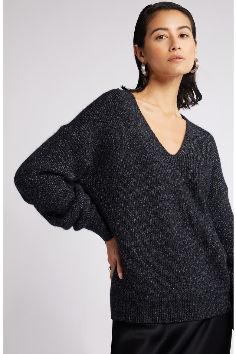 Metallic V-Neck Sweater, Alternate, color, BLACK- SILVER LUREX