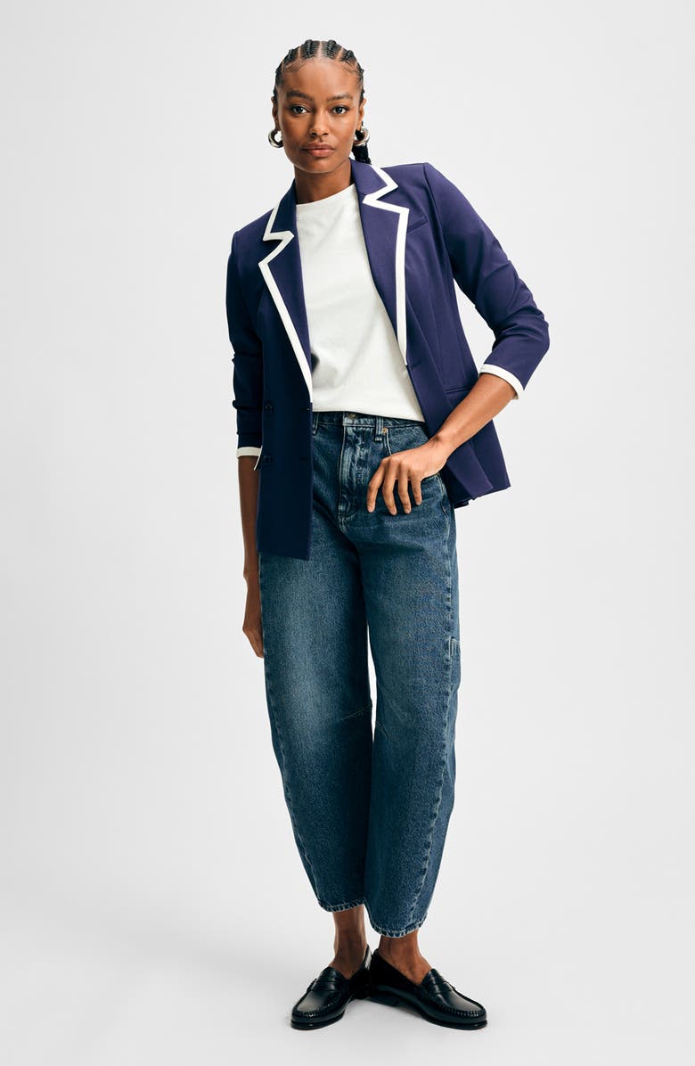 Isaac Mizrahi New York Ponte Knit Double Breasted Blazer, Alternate, color, Navy/ White