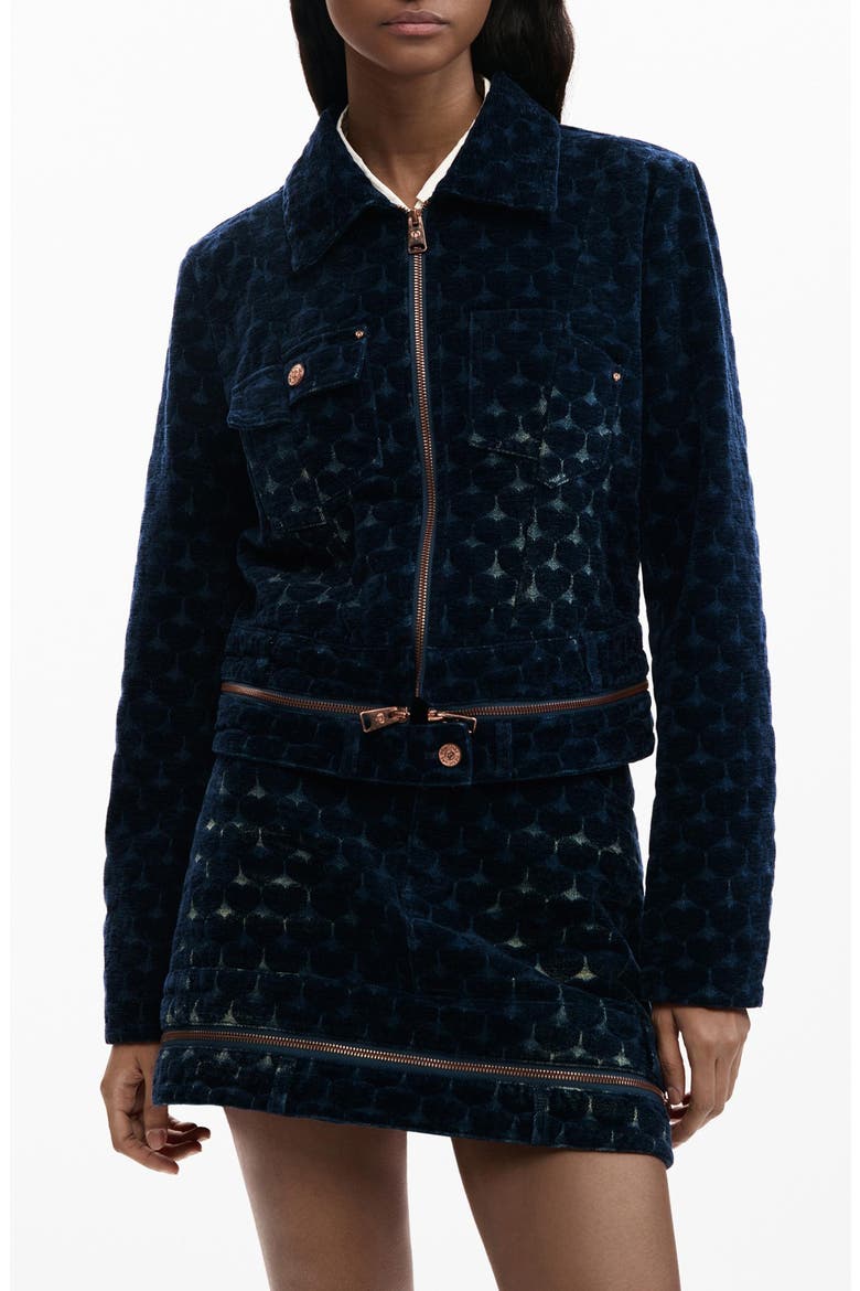Flocked Denim Trucker Jacket, Main, color, DARK BLUE