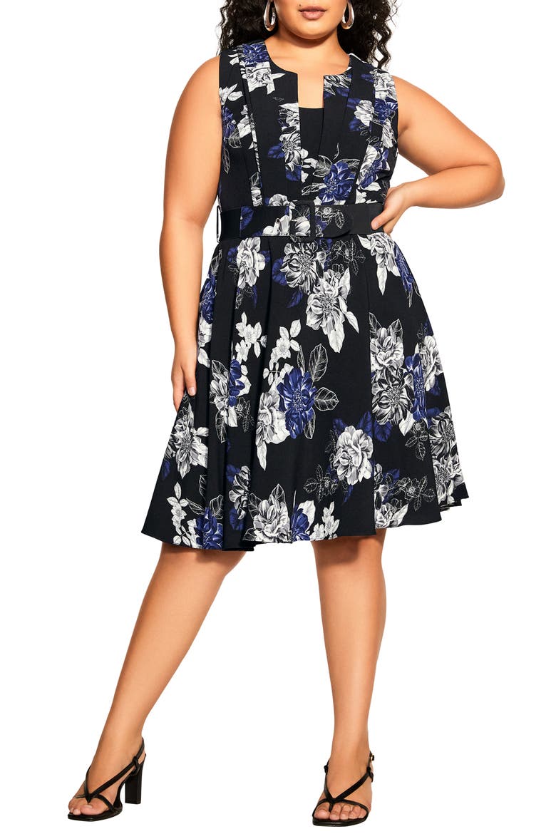 Isabel Pleated Floral Fit & Flare Dress, Main, color, BLACK EPIC FLORAL