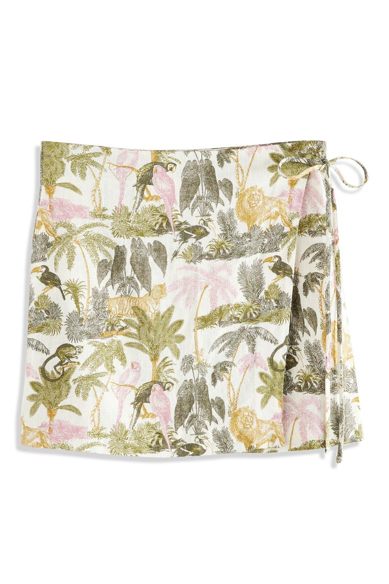 Tropical Print Linen Blend Wrap Miniskirt, Main, color, NEUTRAL