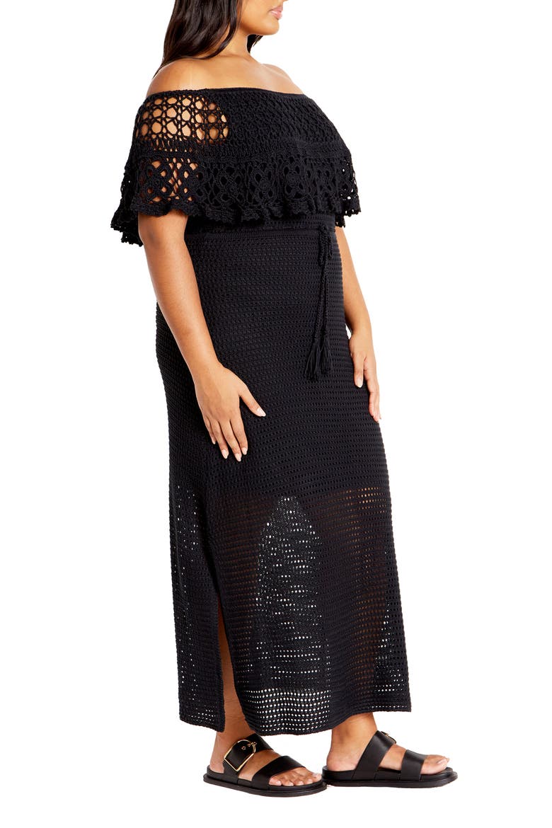 Callie Open Stitch Tie Waist Off the Shoulder Maxi Dress, Alternate, color, BLACK