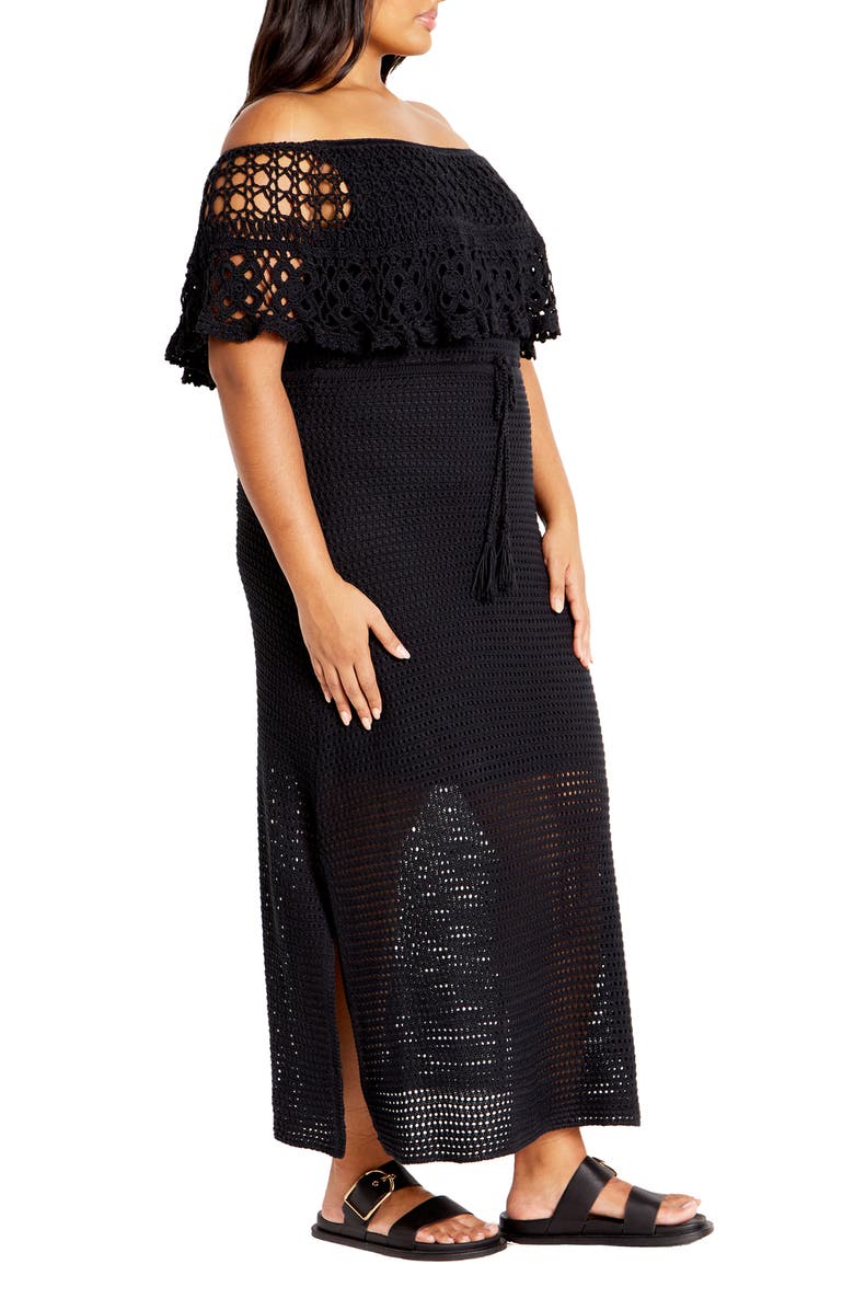 City Chic Callie Open Stitch Tie Waist Off the Shoulder Maxi Dress, Alternate, color,