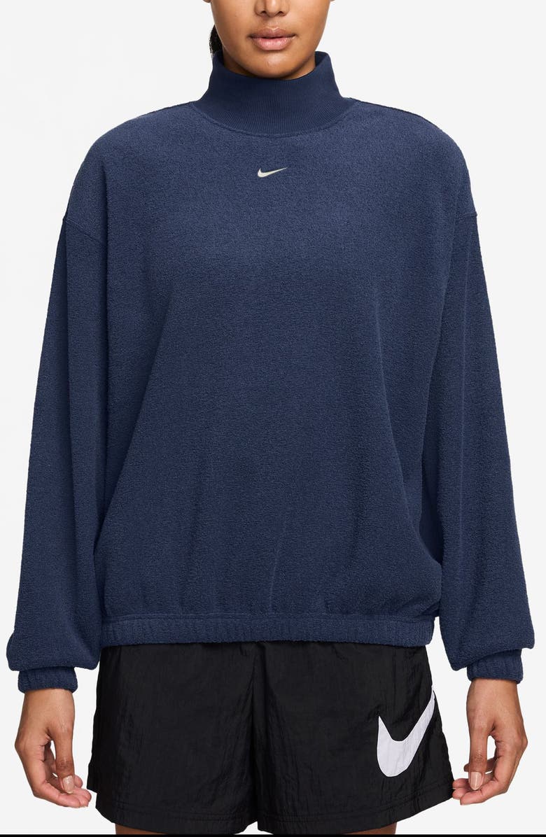 Nike Phoenix Plush Cozy Oversized Mock Neck Sweatshirt, Main, color, Midnight Navy/ Sail