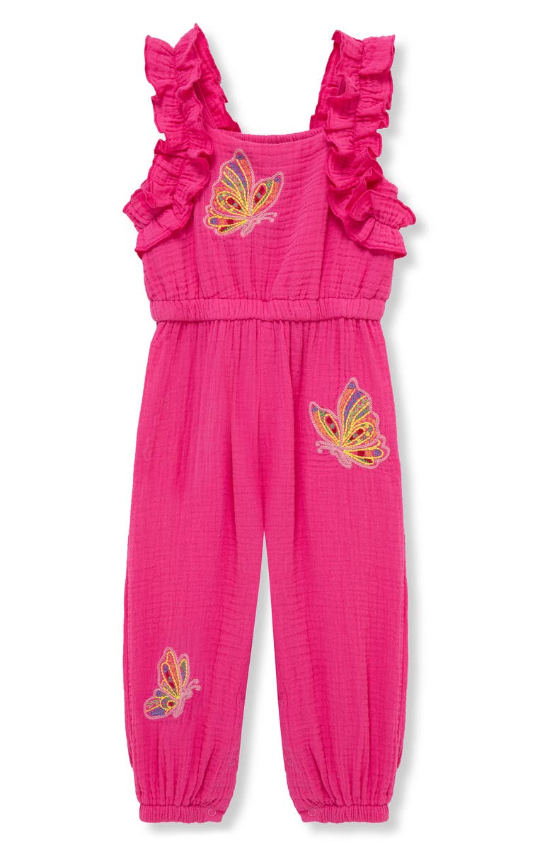 Peek Essentials Butterfly Embroidered Ruffled Cotton Gauze Jumpsuit, Main, color, Dark Pink